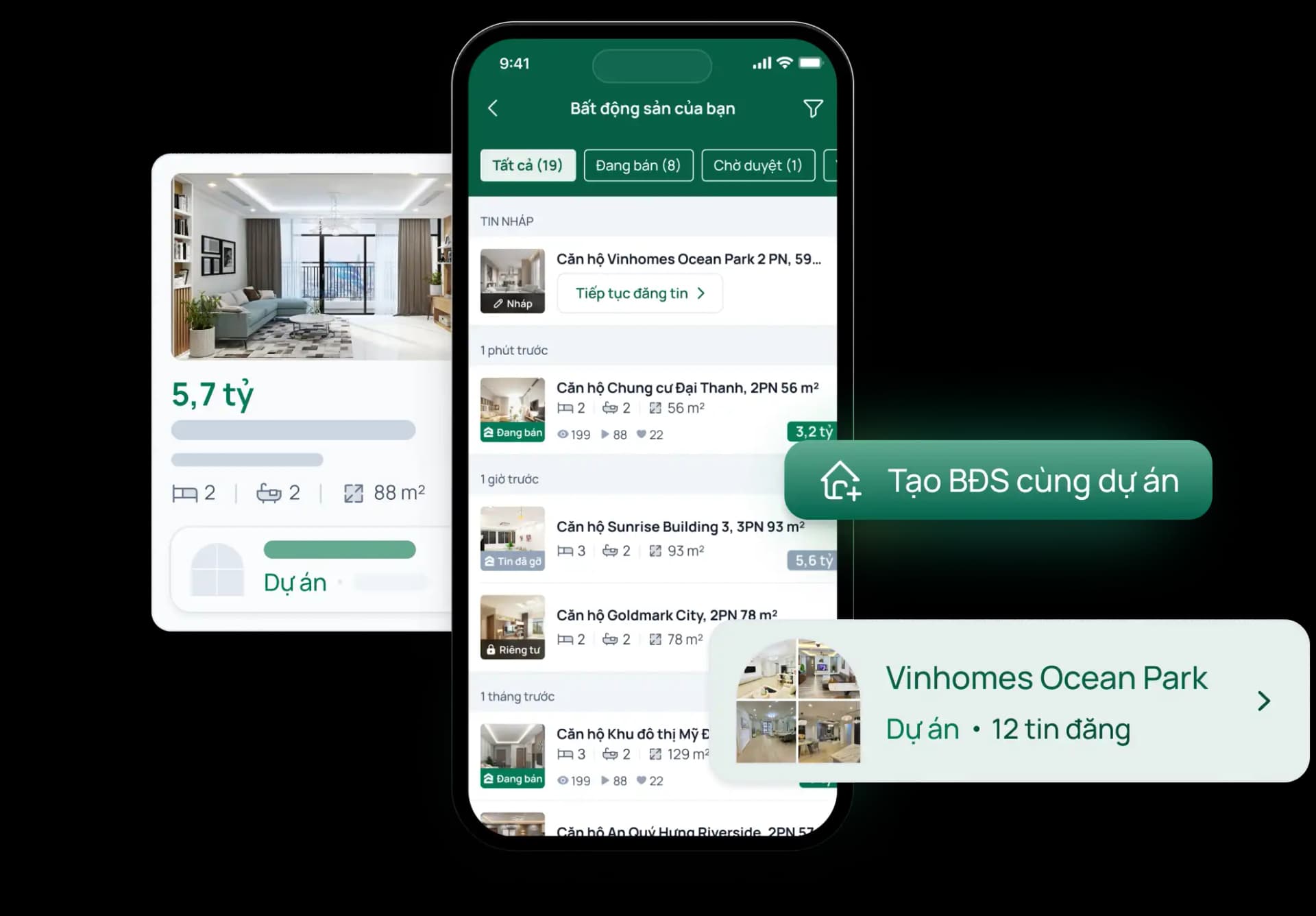 Hình danh sách bất động sản trên app HouseNow